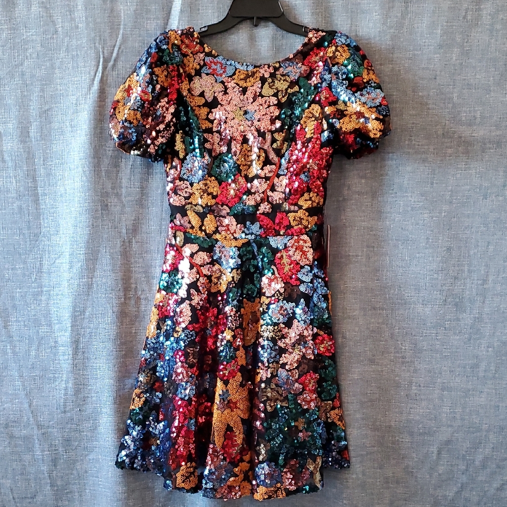 Ivy City Co. Full Sequin Mini Dress Leaf And Branch Design